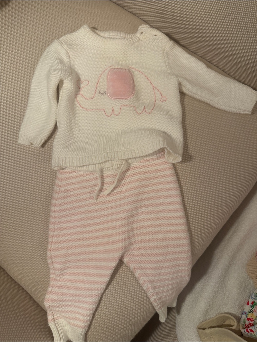 Cream Knit Baby Set with Pink Elephant Detail